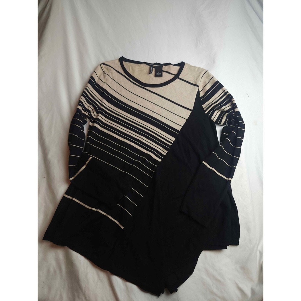 New Directions Black Tan Striped Asymmetric Knit Top XL Long Sleeve Sweater